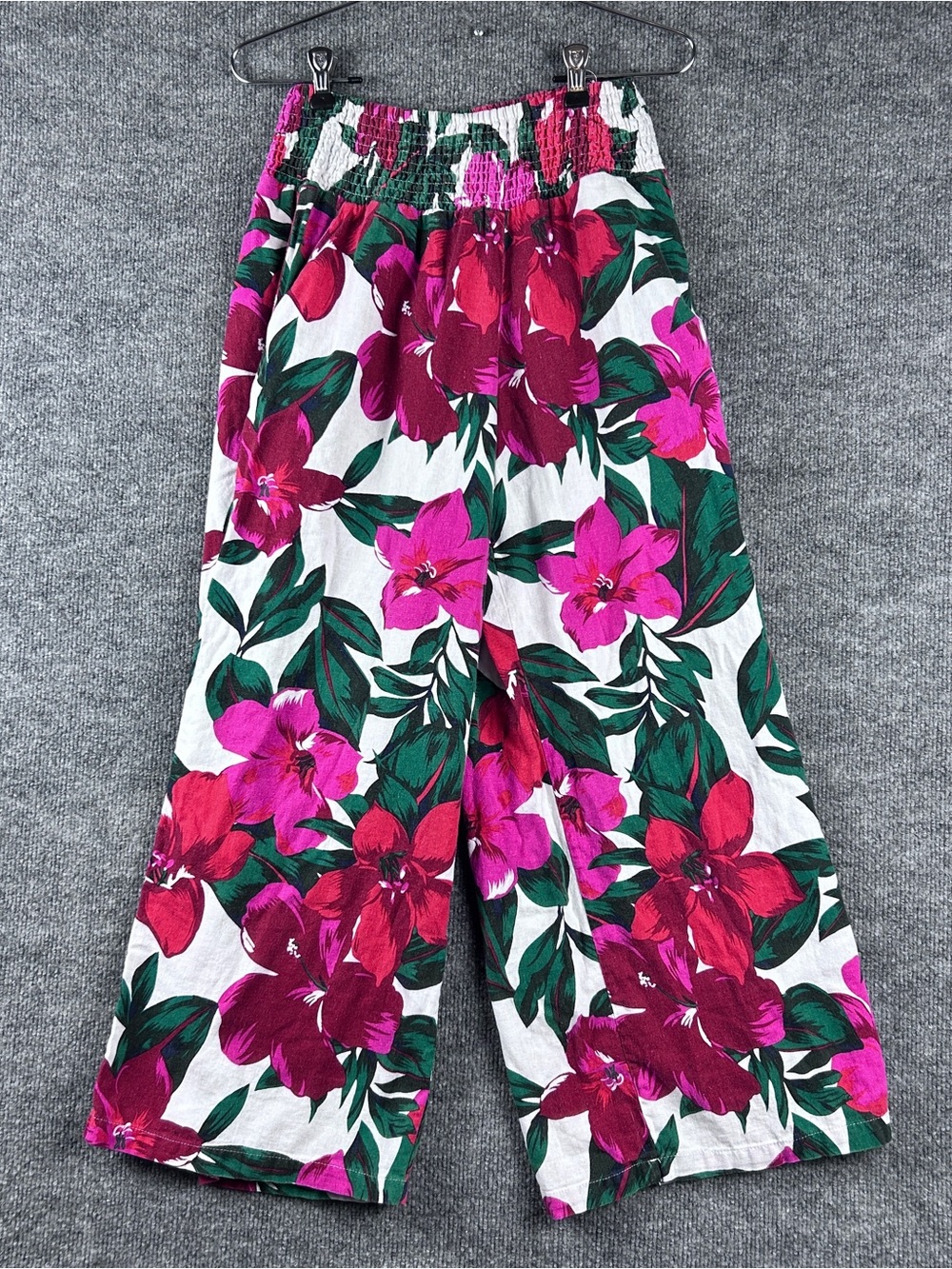 Tahari Multicolor Tropical Floral Linen Blend Smocked Wide Leg Pants Size Small